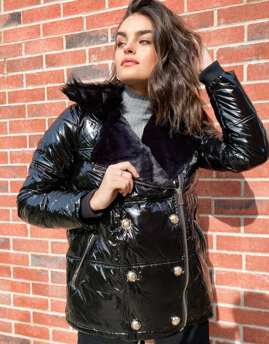 River Island shiny padded aviator jacket with faux fur collar in black