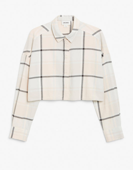 Monki Kelly cotton check print cropped shirt in pastel pink - PINK