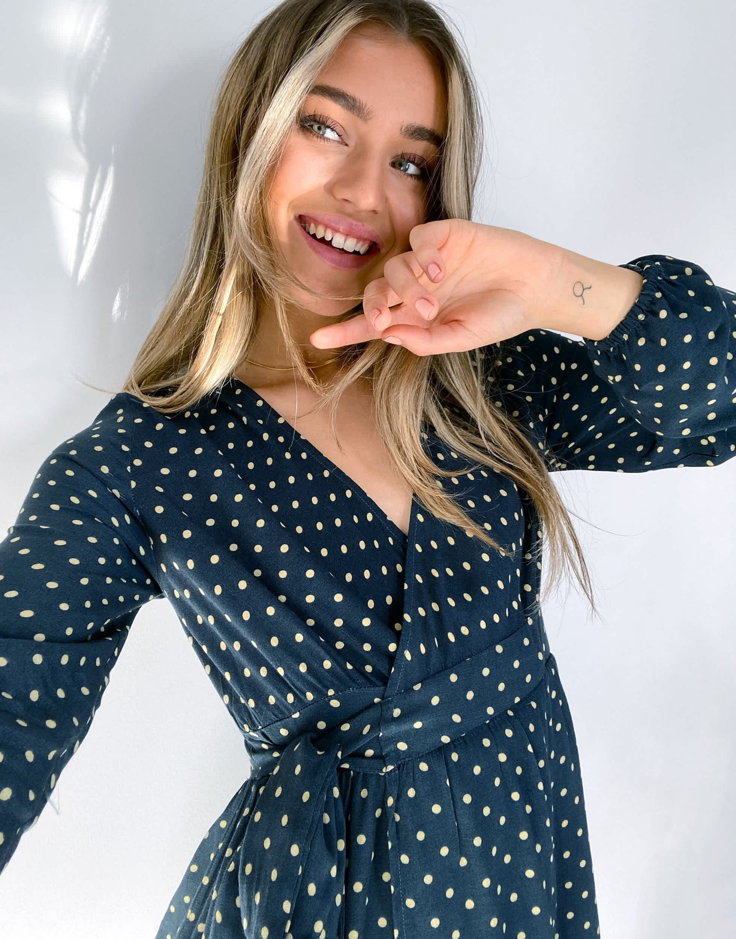 Pull&Bear tie wrap polka dot mini dress in navy