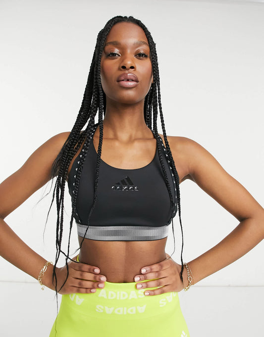 adidas Training mid support bra with taped logo in black