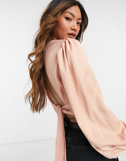 River Island high neck tie back silky top in dusty pink