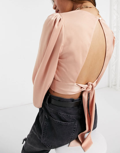 River Island high neck tie back silky top in dusty pink