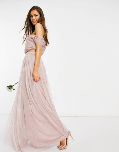 Anaya With Love Bridesmaid tulle off shoulder wrap detail crop top co ord in pink