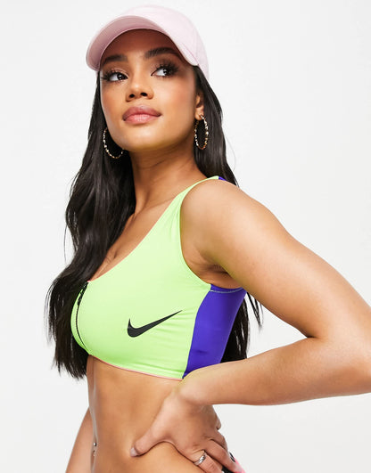 Nike zip front bikini top in green and blue