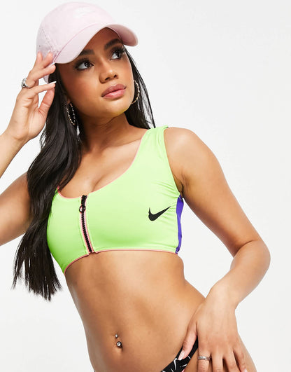 Nike zip front bikini top in green and blue