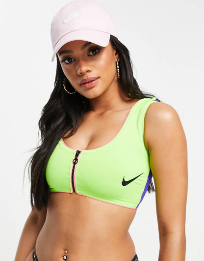 Nike zip front bikini top in green and blue