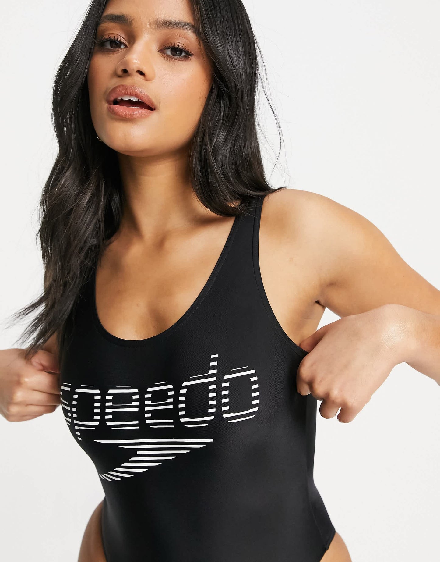 Speedo logo swimsuit with U back and high leg in black and white