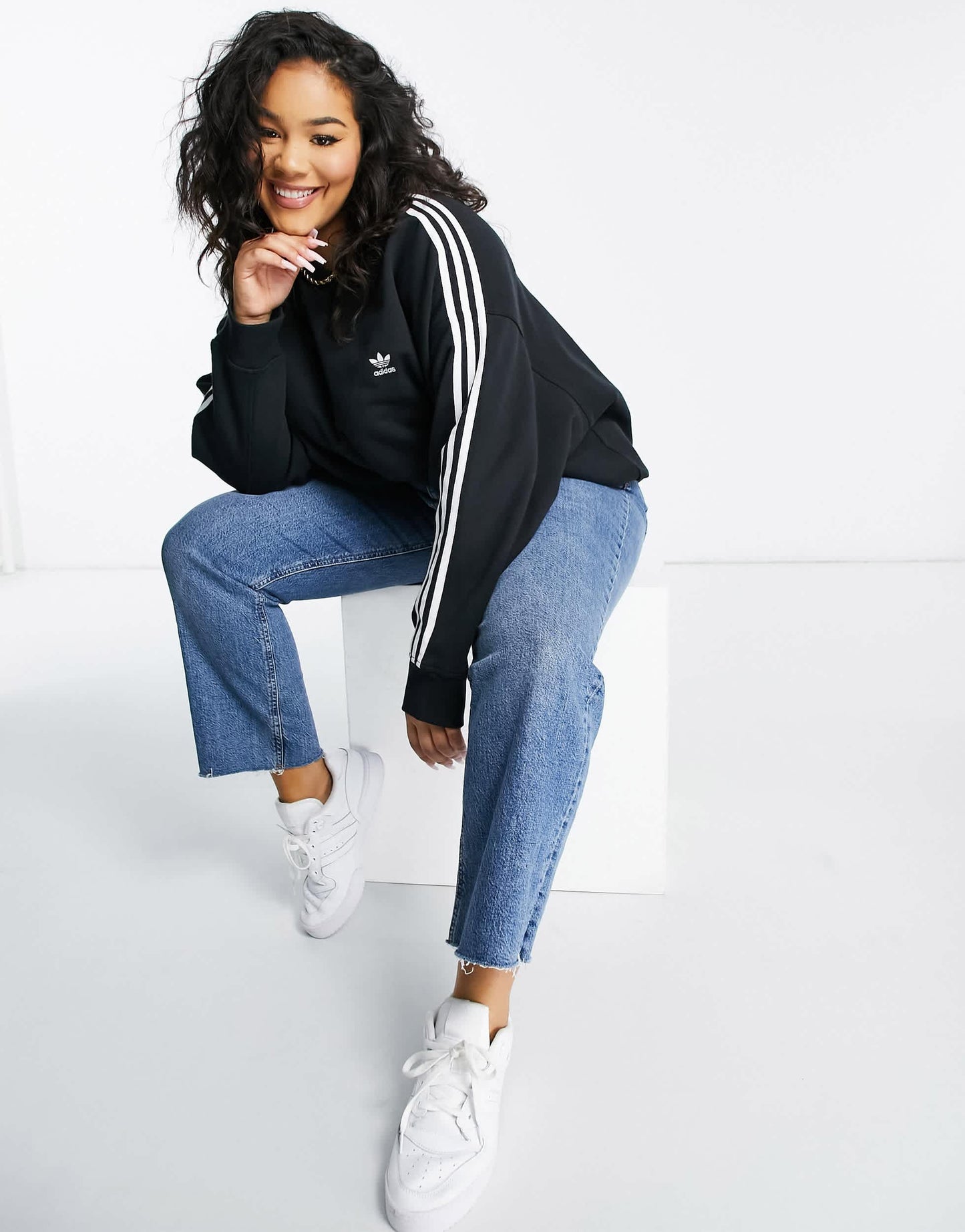 adidas Originals Plus adicolour three stripe sweatshirt in black