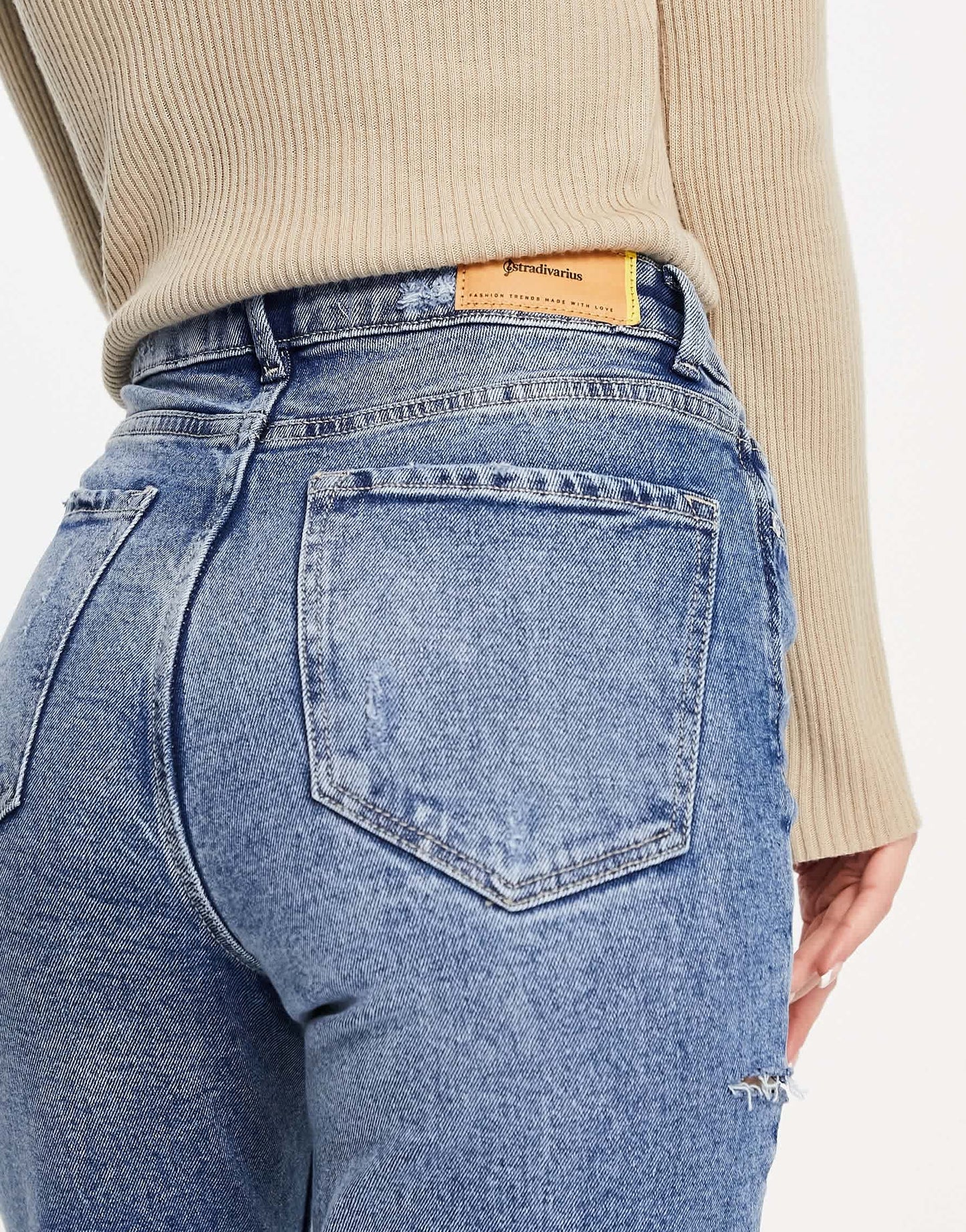 Stradivarius cotton slim mom jean with stretch and rip in medium blue - MBLUE