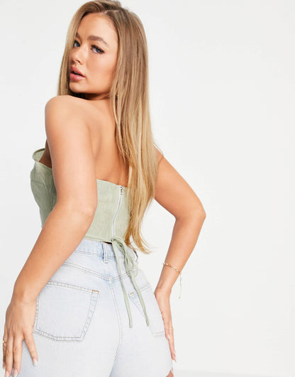 Missguided co-ord textured crop top with tie up detail in sage