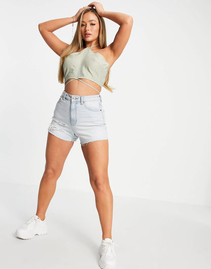 Missguided co-ord textured crop top with tie up detail in sage