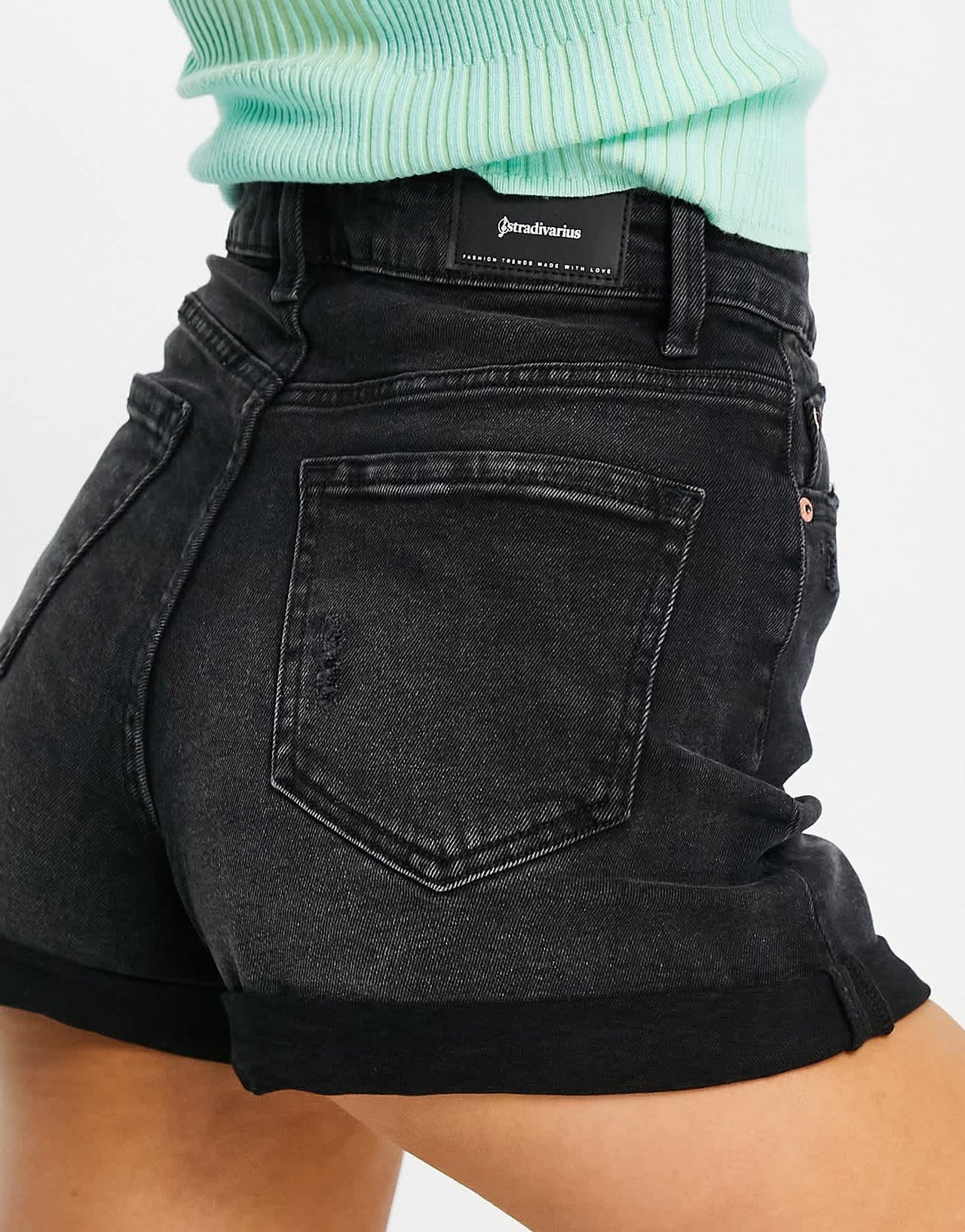 Stradivarius cotton slim mom denim short in black wash - BLACK