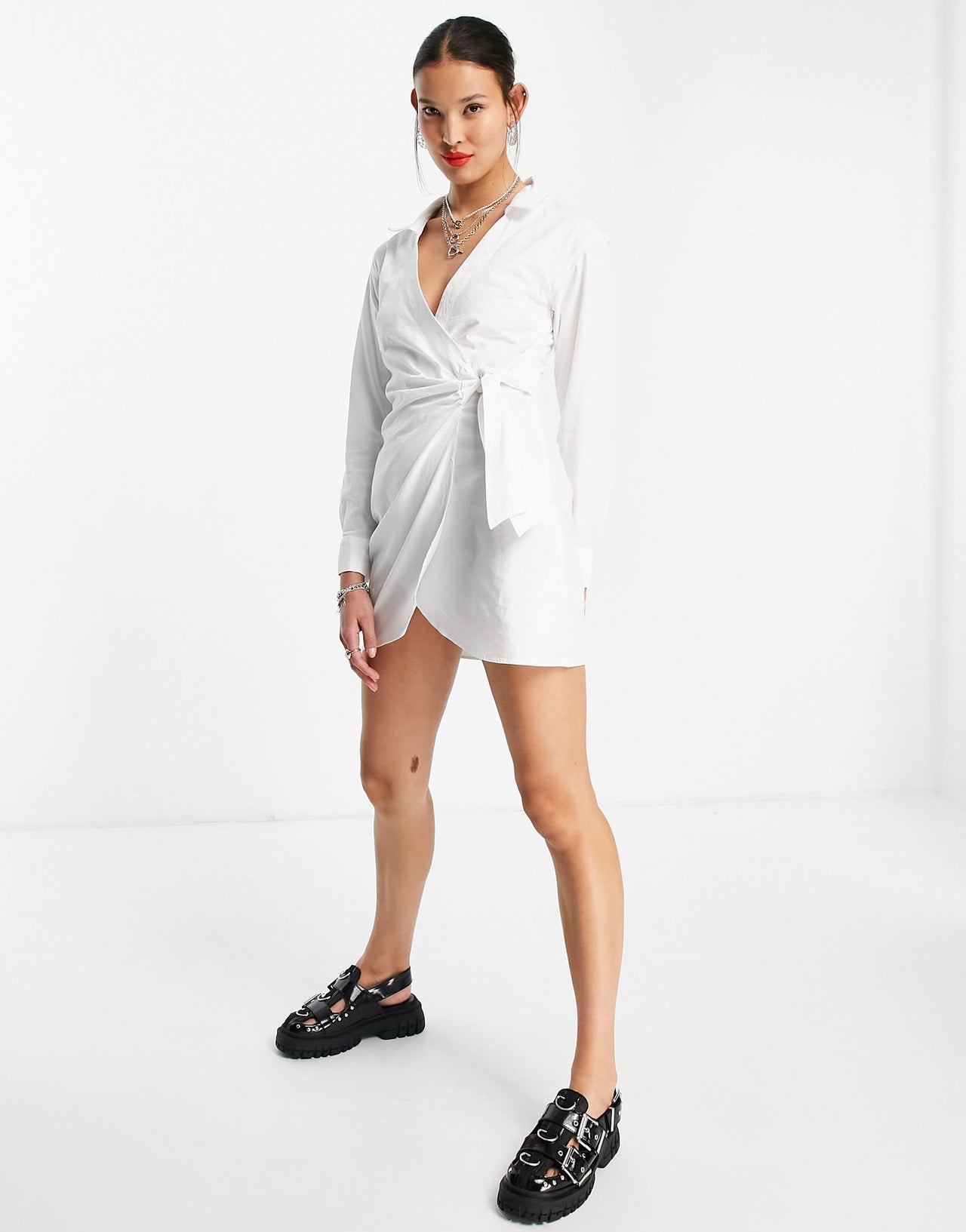 Bershka plunge v neck wrap dress in white