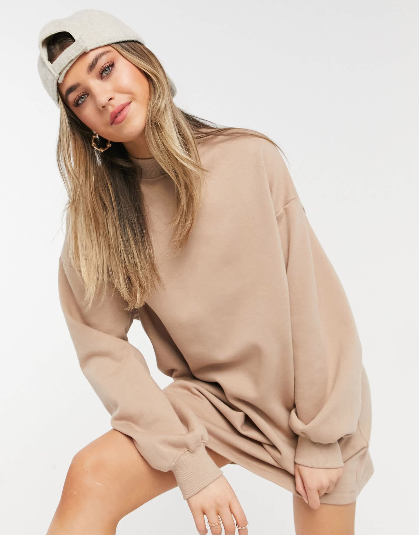 Bershka high neck sweat jumper dress in beige