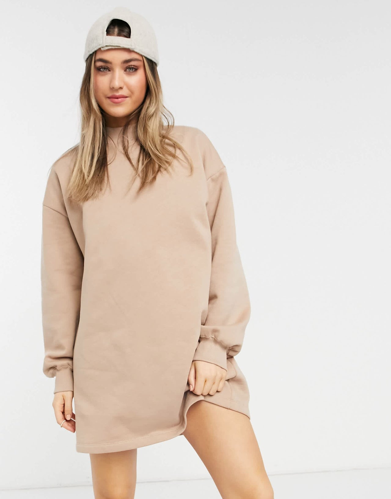 Bershka high neck sweat jumper dress in beige