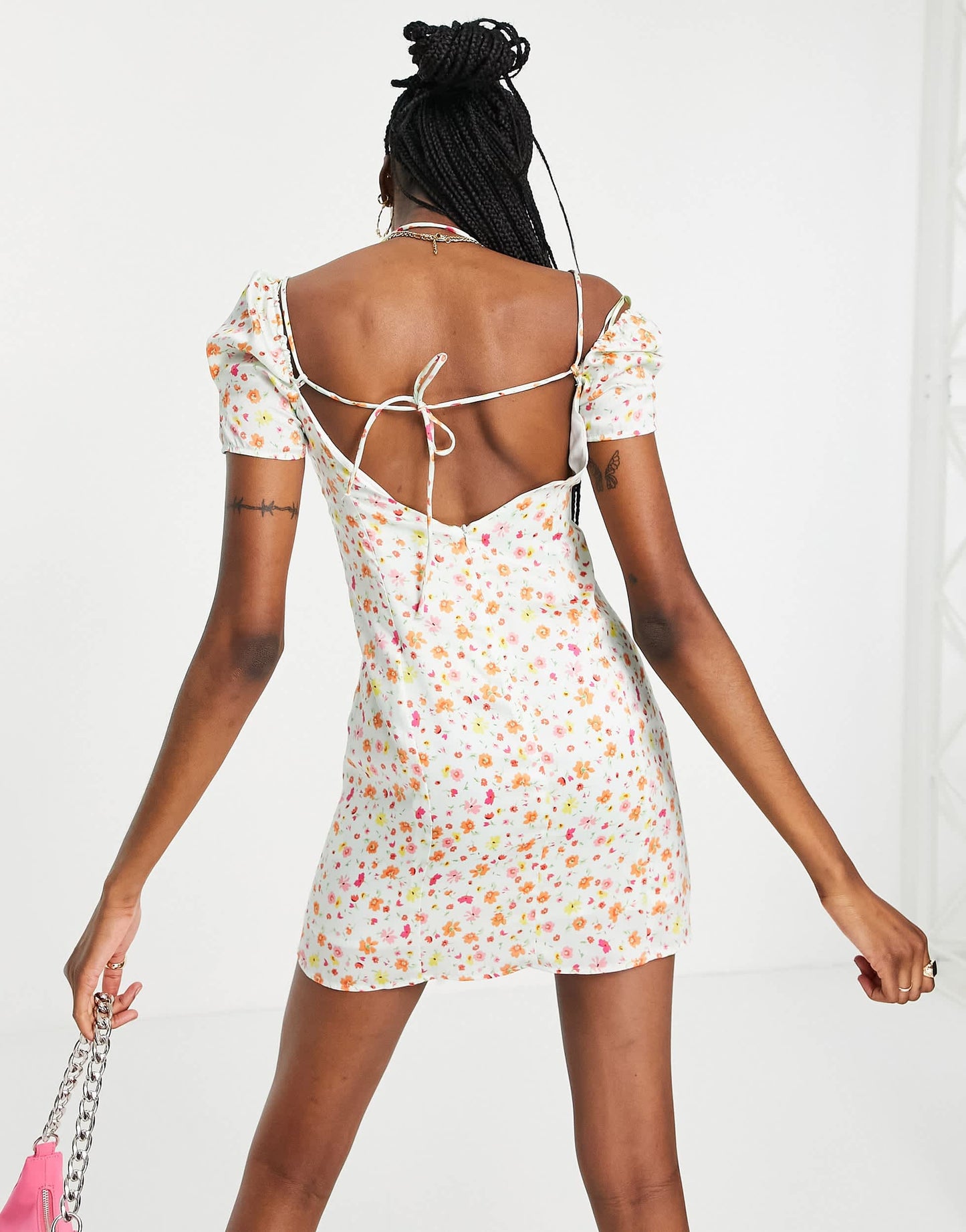 Bershka floral satin mini dress with slit detail in mutli
