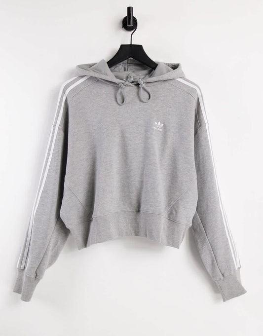 adidas Originals adicolor three stripe cropped hoodie in grey