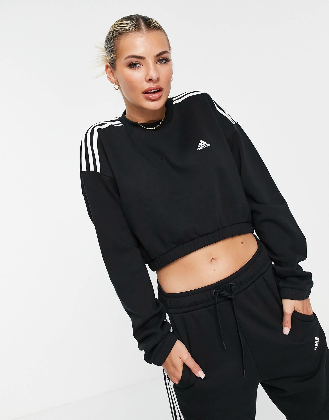 adidas Training cropped sweatshirt with three stripes in black