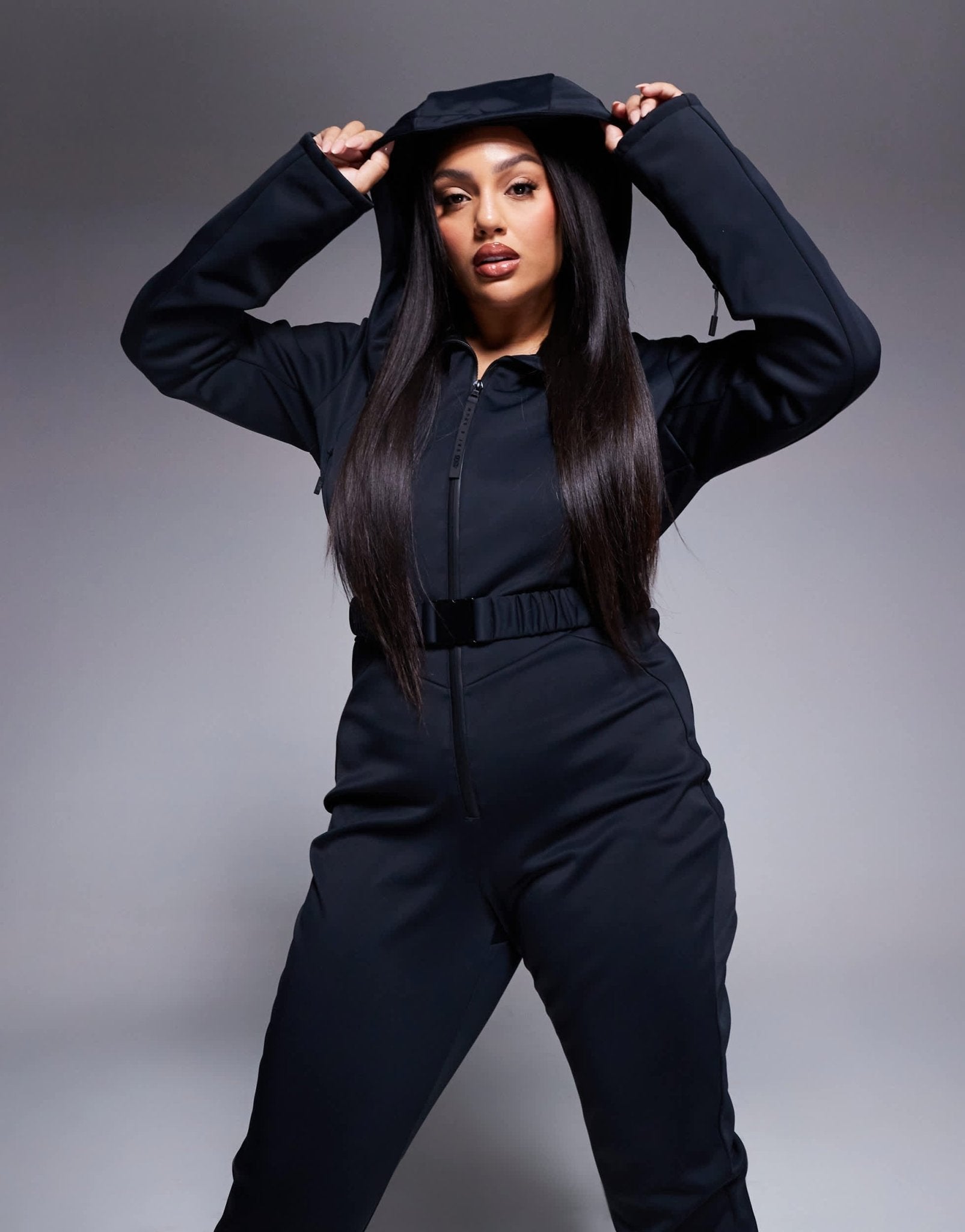 4505 Curve Ski belted ski suit with skinny leg and hood in black - ASOS Sample Sale