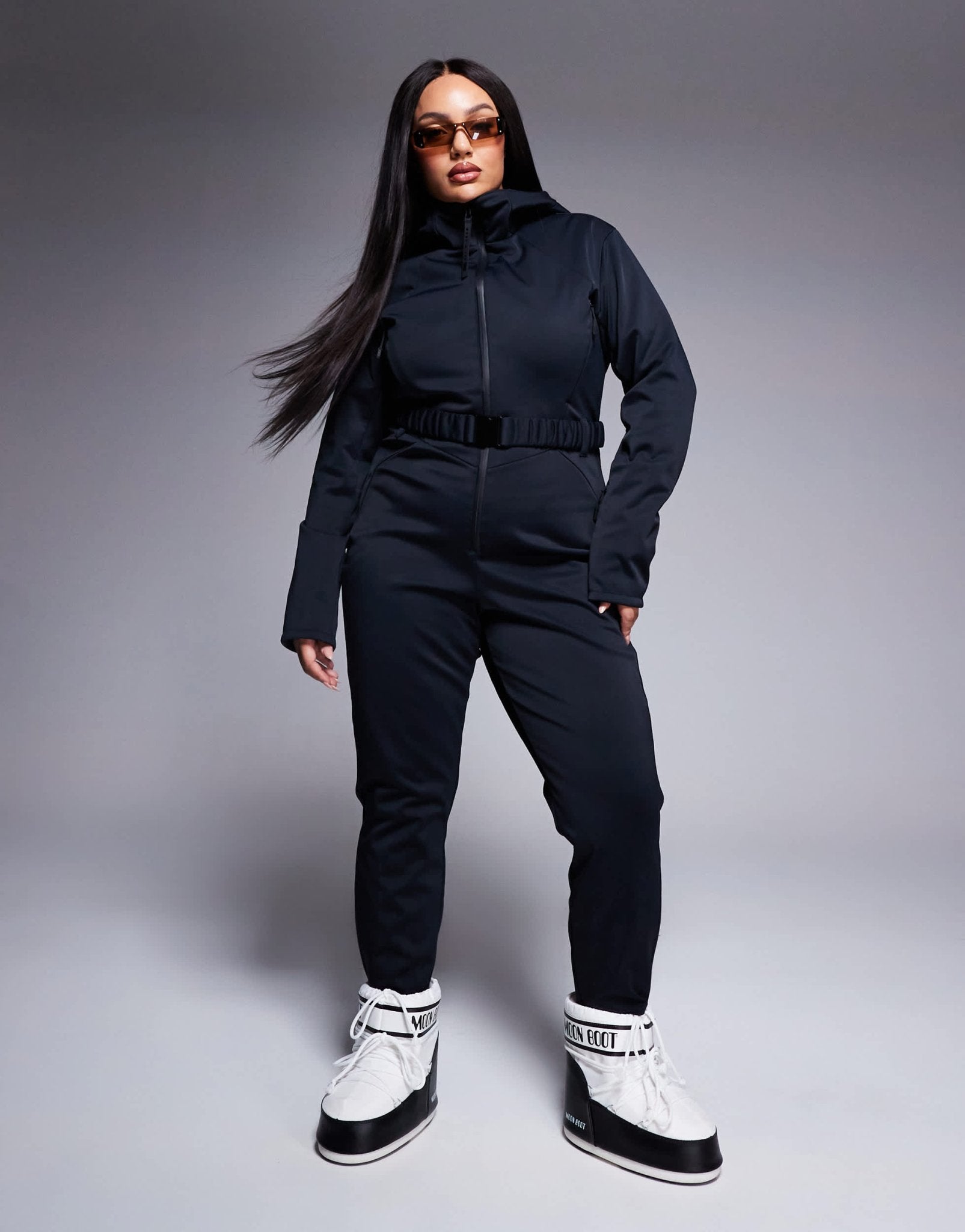 4505 Curve Ski belted ski suit with skinny leg and hood in black - ASOS Sample Sale