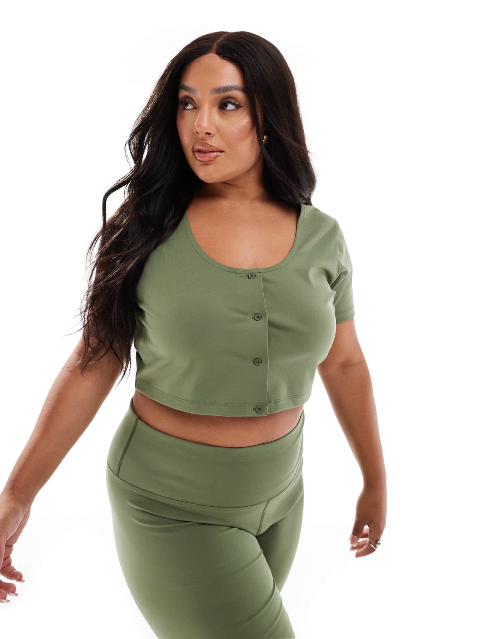 4505 Curve Studio soft touch active short sleeve cardigan in khaki - ASOS Sample Sale
