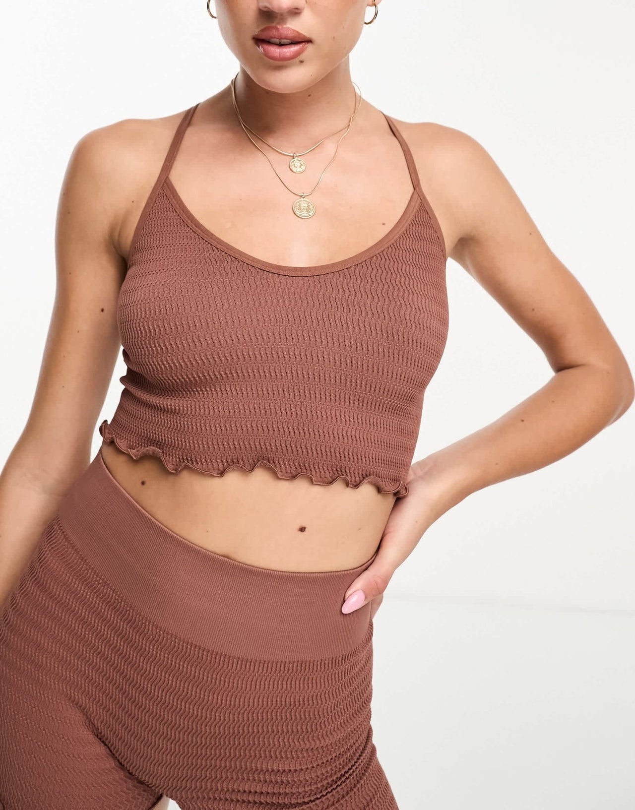 4505 seamless yoga cami with lettuce edge in brown - ASOS Sample Sale