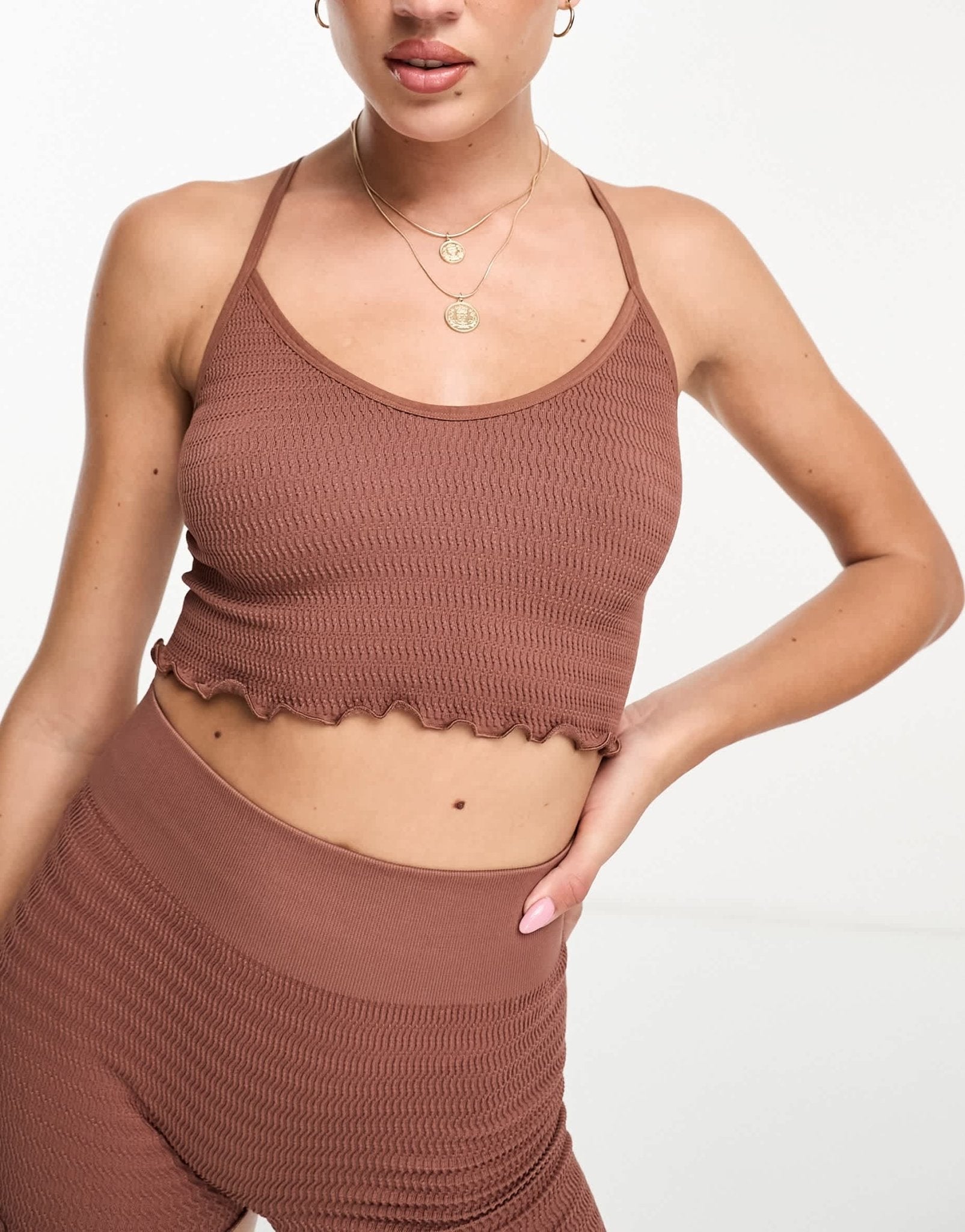 4505 seamless yoga cami with lettuce edge in brown - ASOS Sample Sale