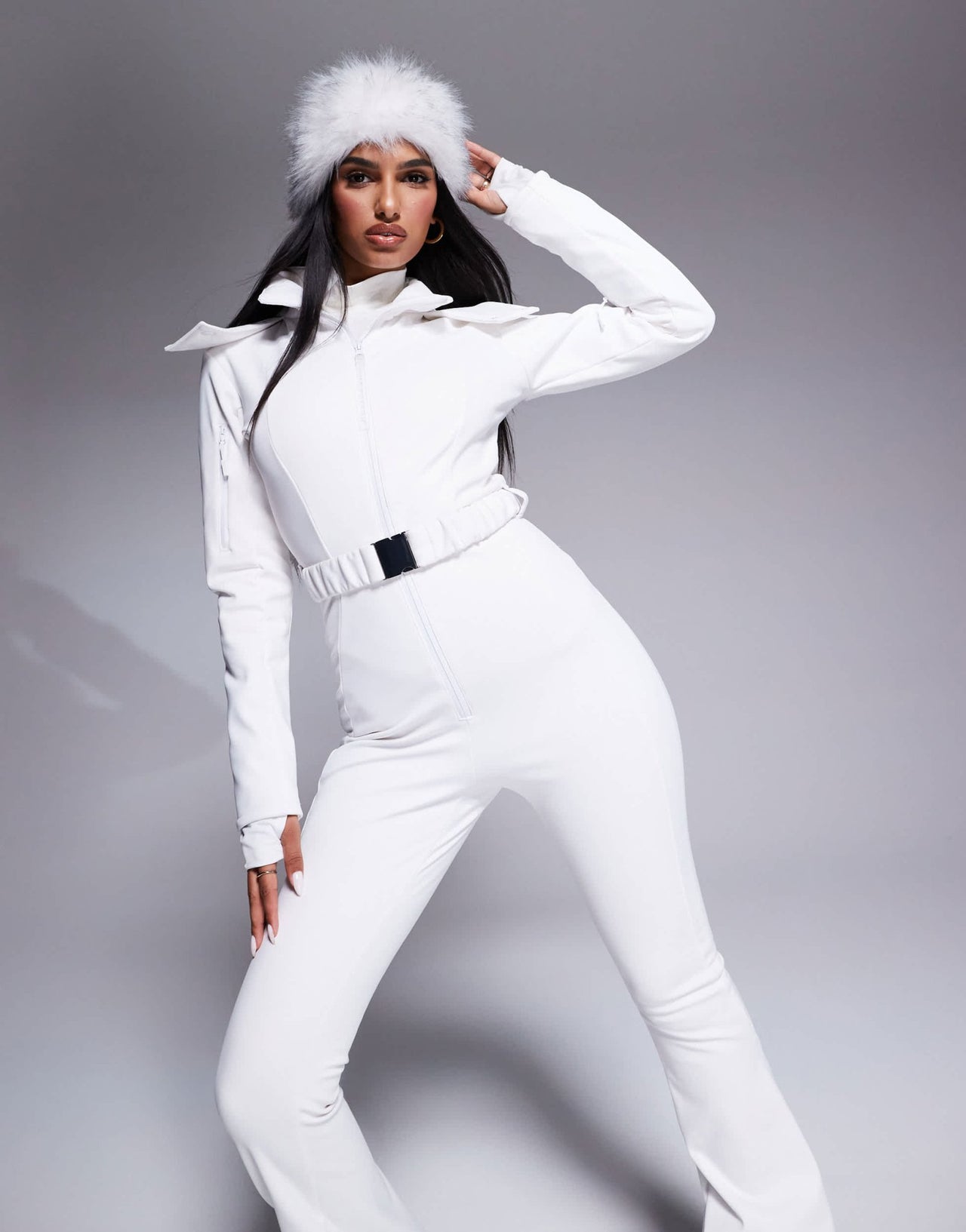 4505 Ski belted ski suit with slim kick leg and faux fur hood in white - ASOS Sample Sale