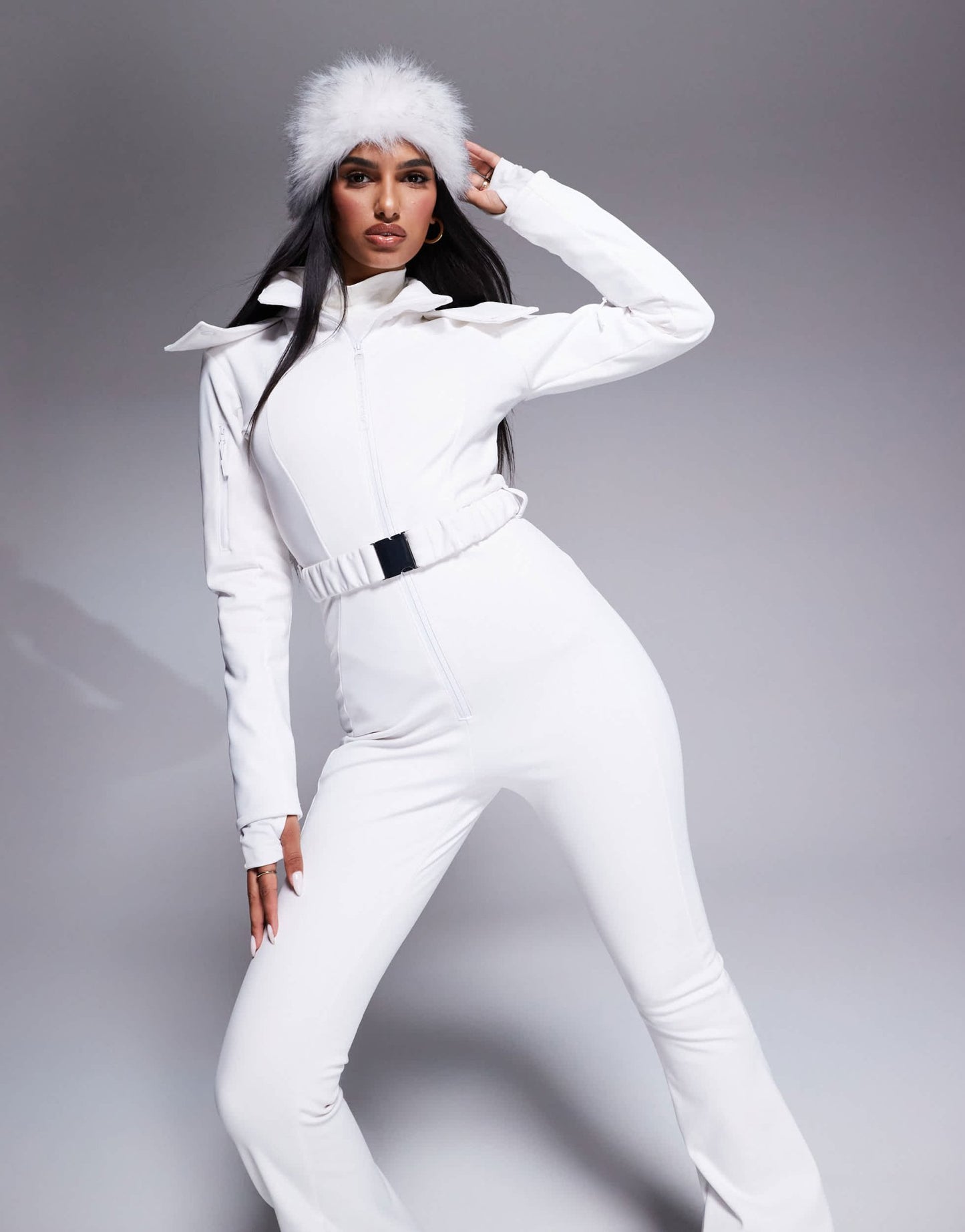4505 Ski belted ski suit with slim kick leg and faux fur hood in white - ASOS Sample Sale