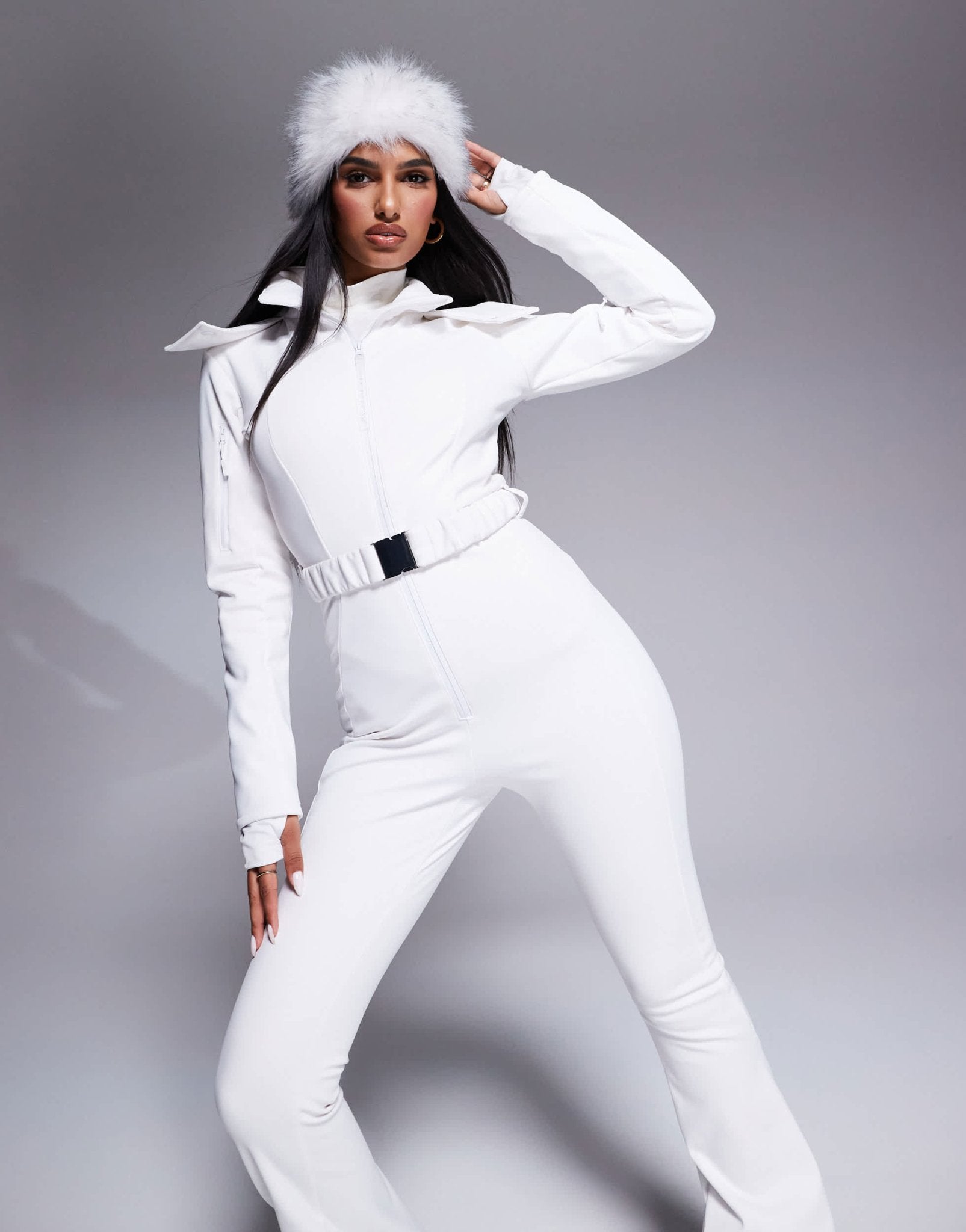 4505 Ski belted ski suit with slim kick leg and faux fur hood in white - ASOS Sample Sale