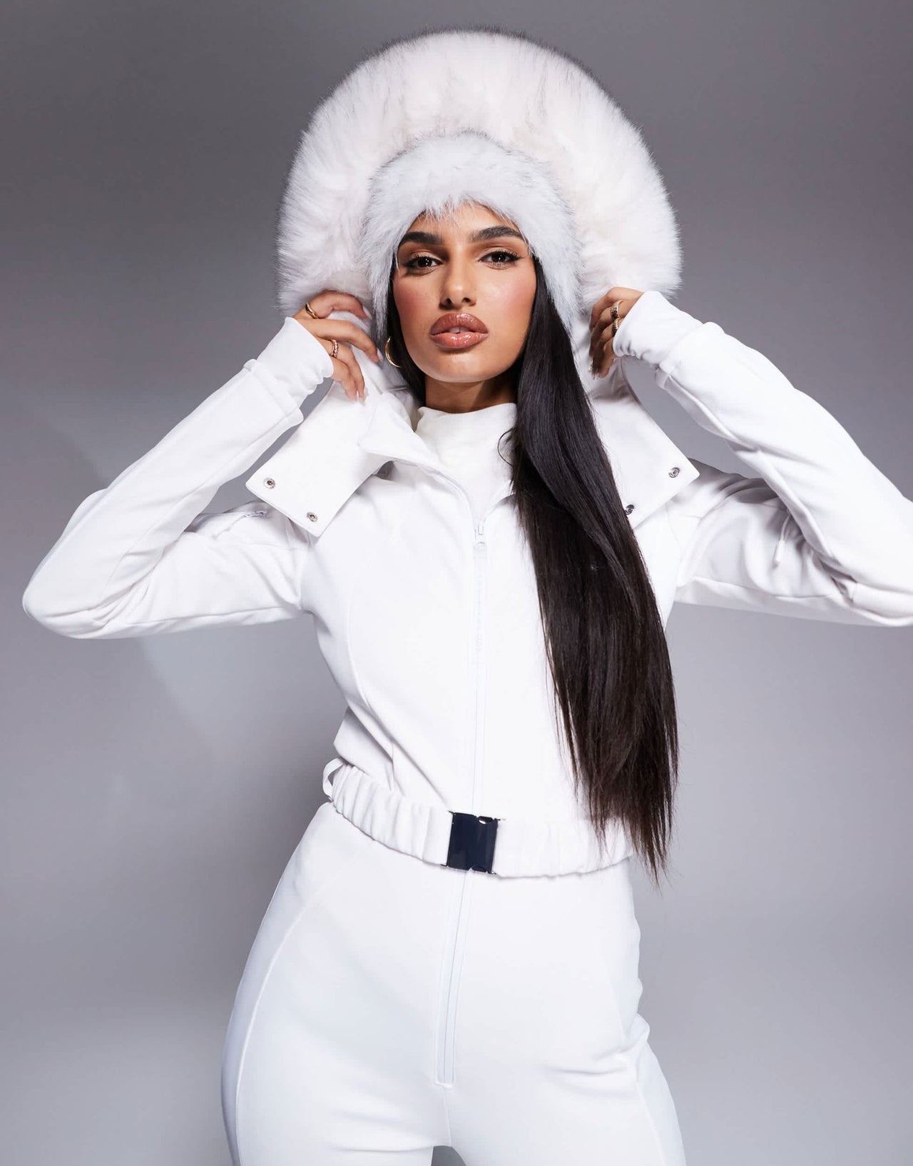 4505 Ski belted ski suit with slim kick leg and faux fur hood in white - ASOS Sample Sale