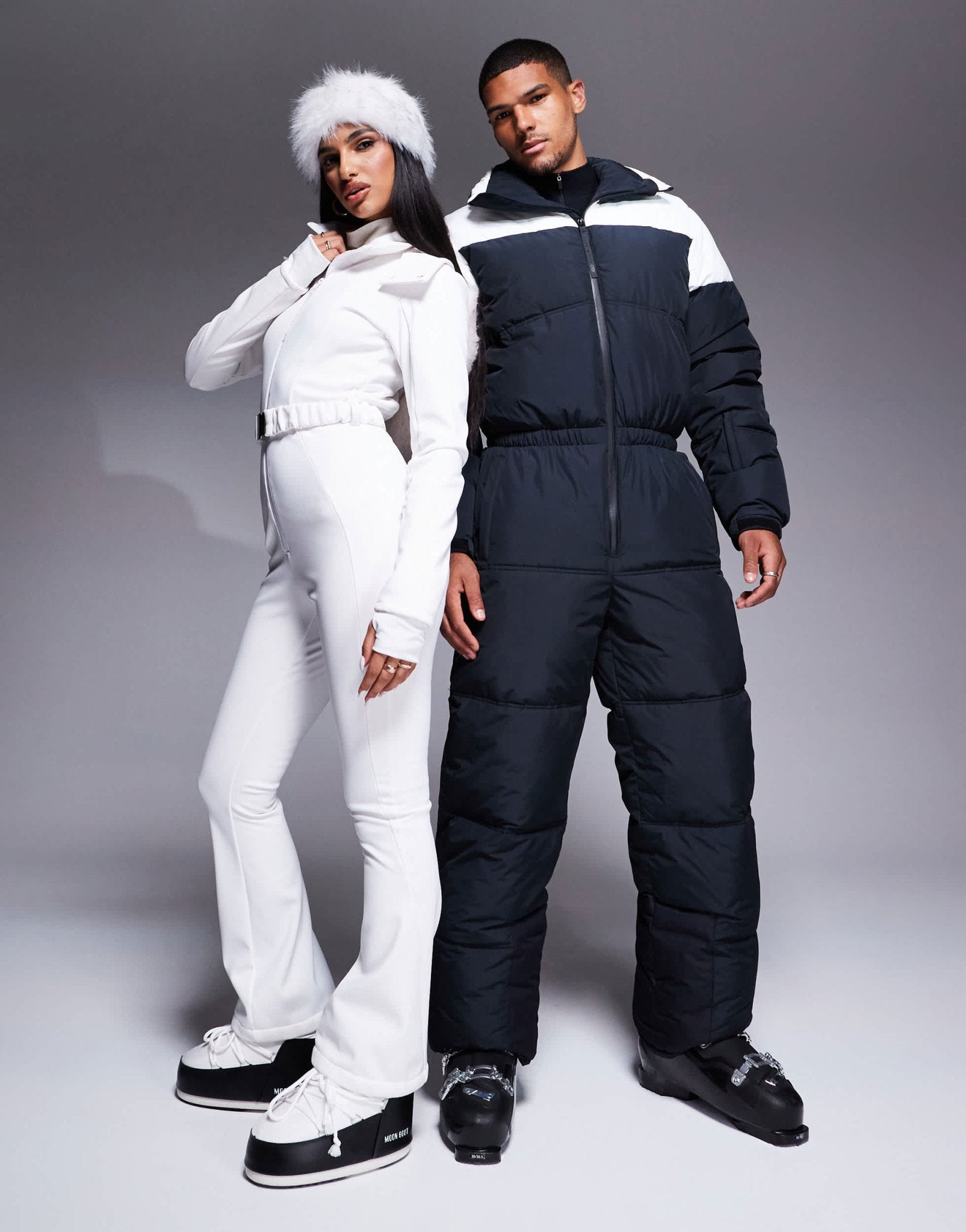 4505 Ski belted ski suit with slim kick leg and faux fur hood in white - ASOS Sample Sale