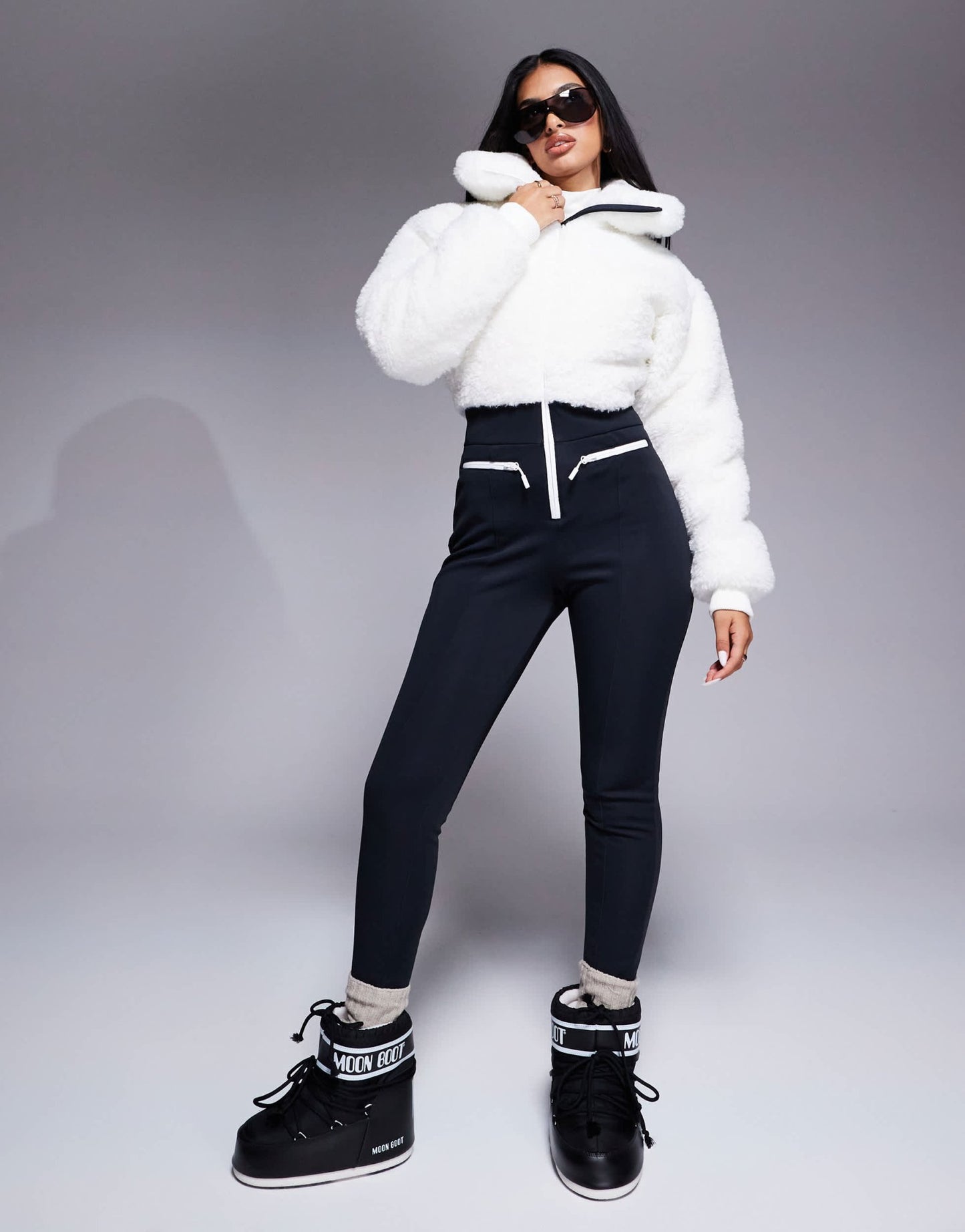 4505 Ski suit with faux fur panels and skinny leg in black and white - ASOS Sample Sale