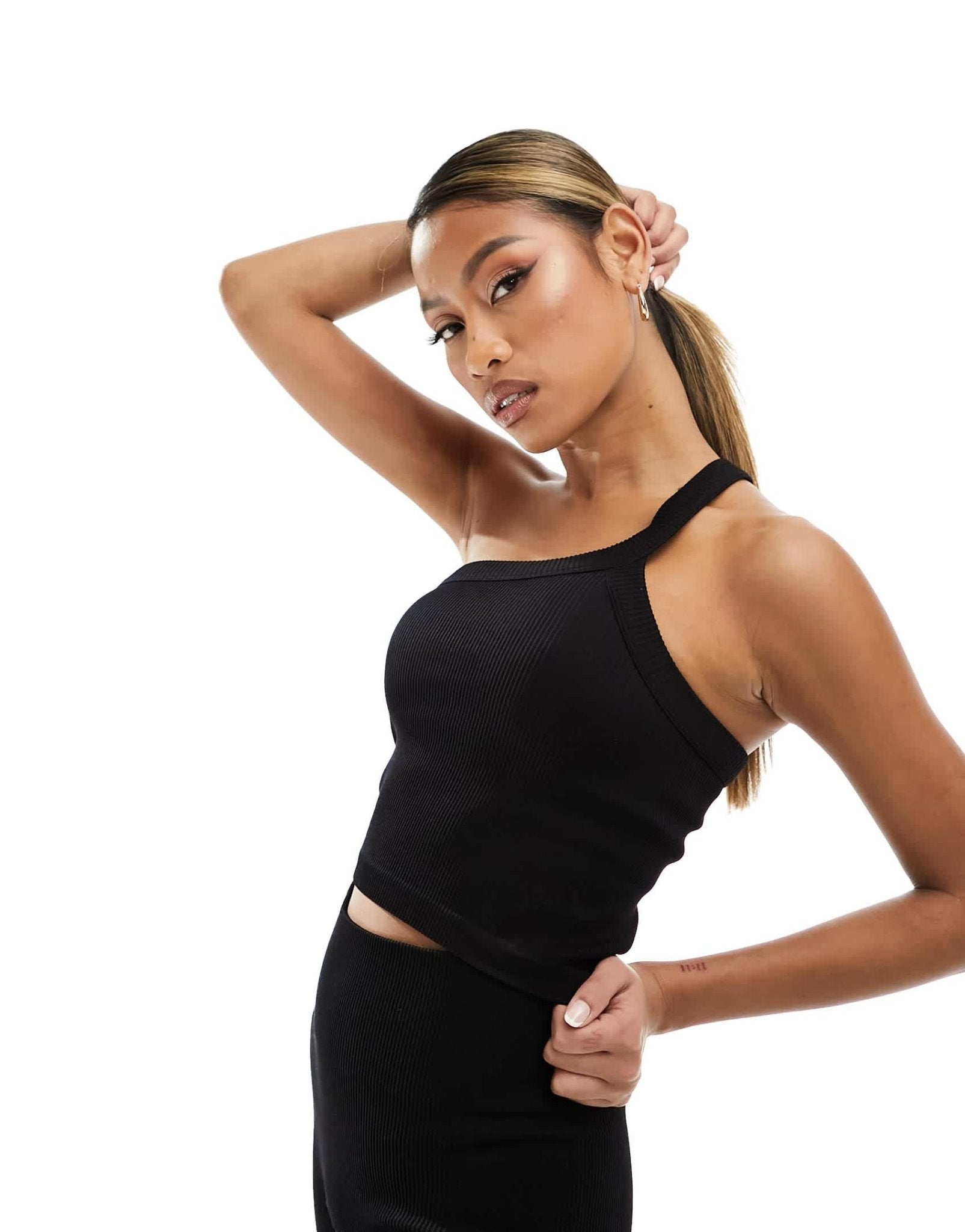 4505 Studio seamless ribbed one shoulder vest in black - ASOS Sample Sale
