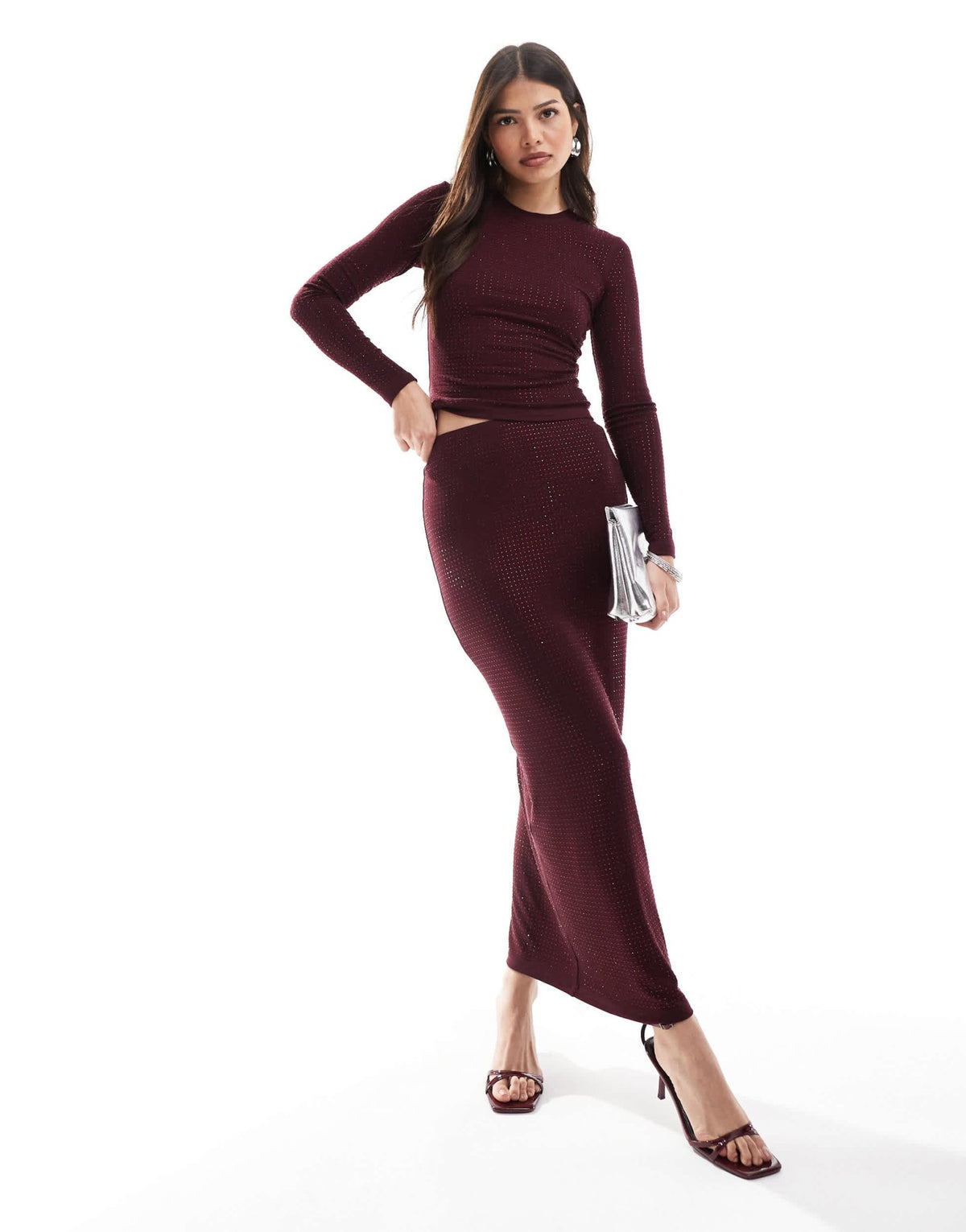 4th & Reckless all over hotfix maxi skirt co - ord in burgundy - ASOS Sample Sale