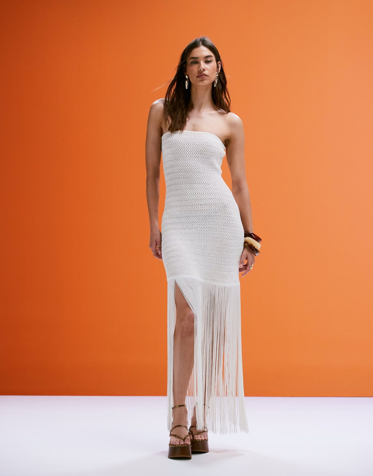 4th & Reckless bandeau fringed hem crochet mini dress in cream - ASOS Sample Sale