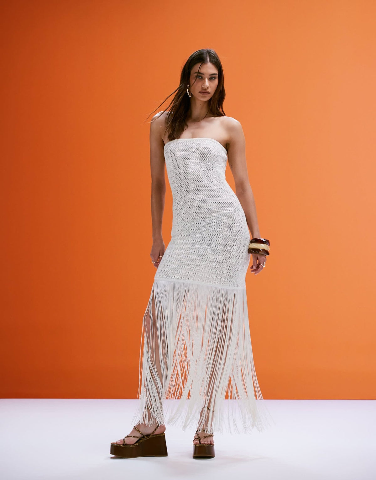 4th & Reckless bandeau fringed hem crochet mini dress in cream - ASOS Sample Sale