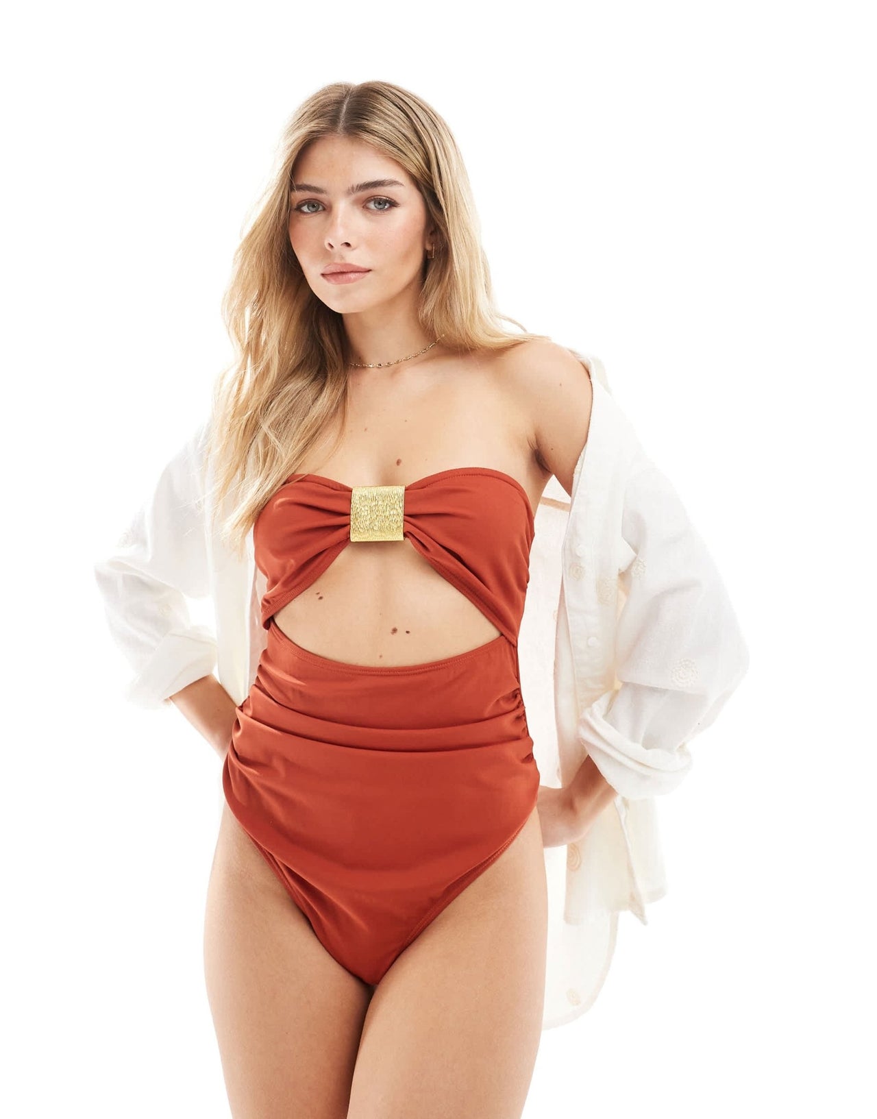 4th & Reckless bandeau gold hardware cutout detail swimsuit in coral - ASOS Sample Sale