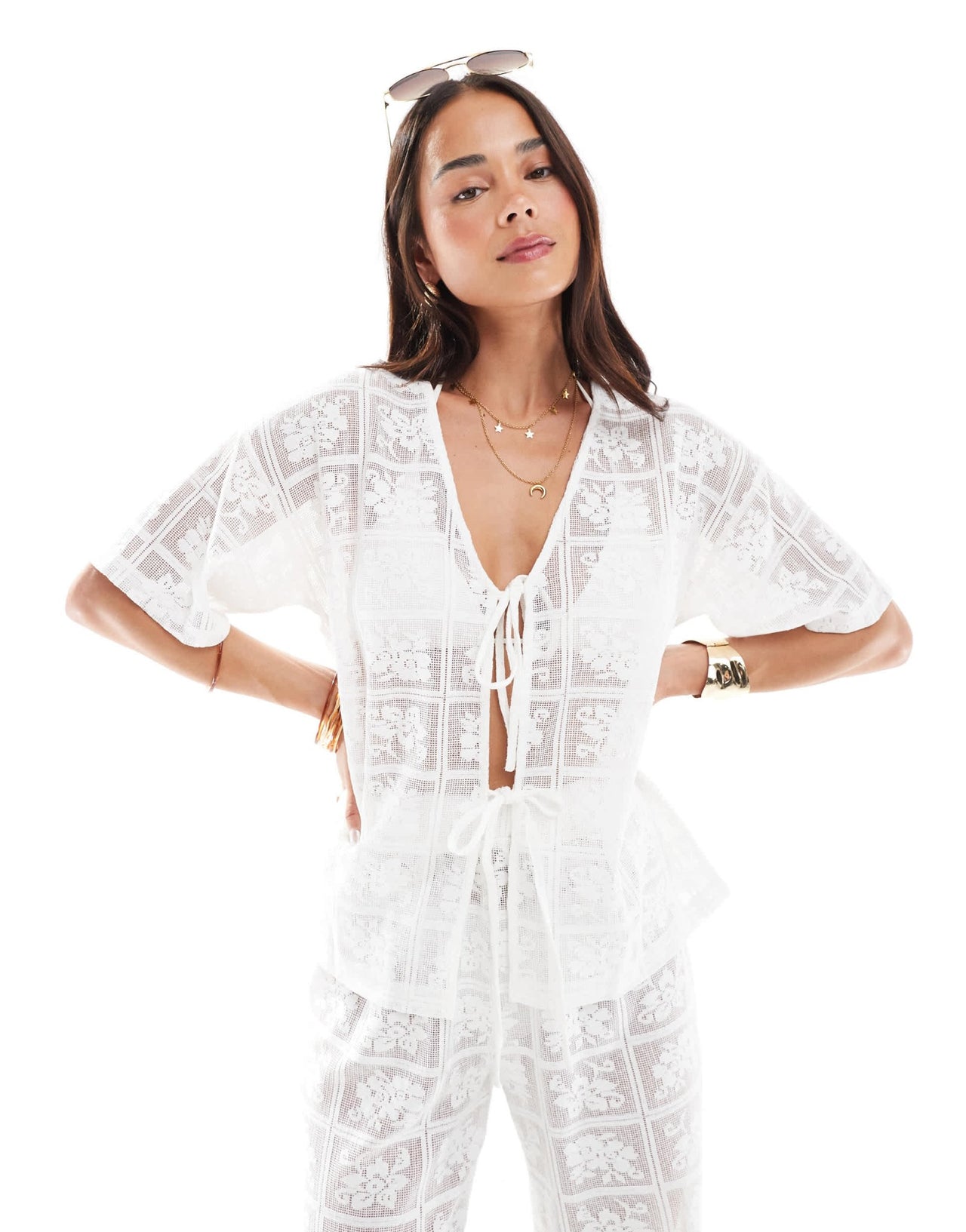 4th & Reckless beach crochet lace tie front top co - ord in white - ASOS Sample Sale