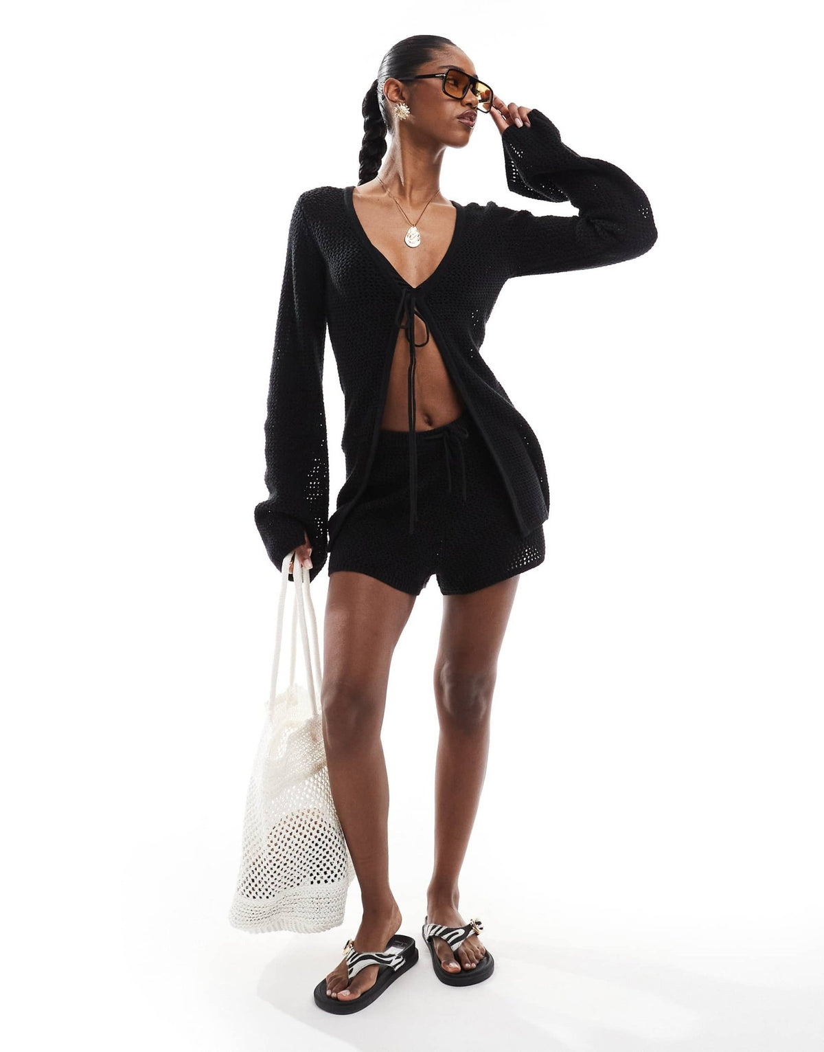 4th & Reckless beach crochet tie front shorts co-ord in black - ASOS Sample Sale