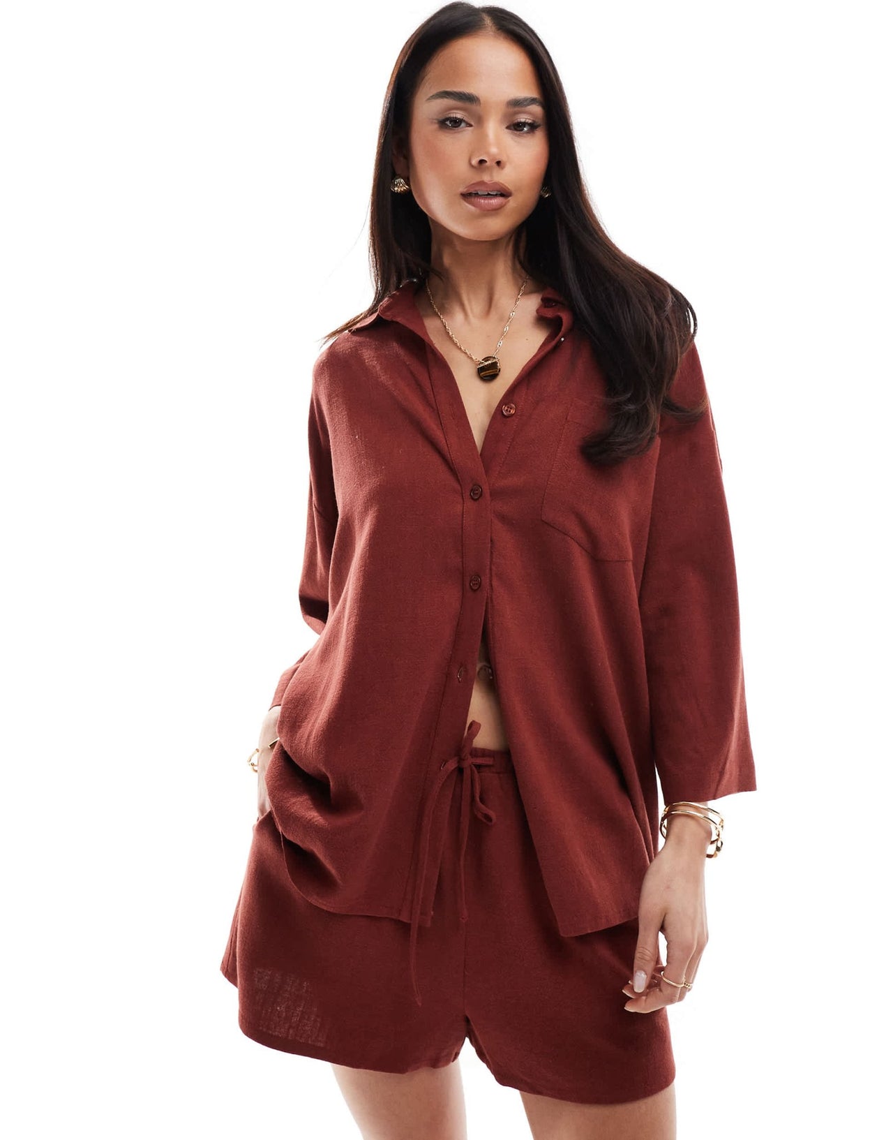 4th & Reckless beach linen blend wide sleeve shirt co - ord in rust - ASOS Sample Sale