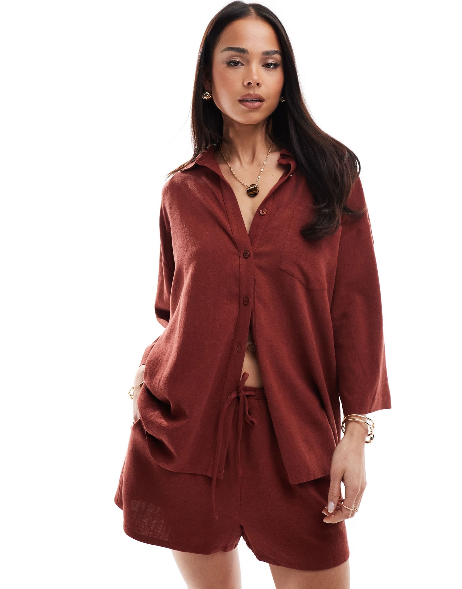 4th & Reckless beach linen blend wide sleeve shirt co - ord in rust - ASOS Sample Sale