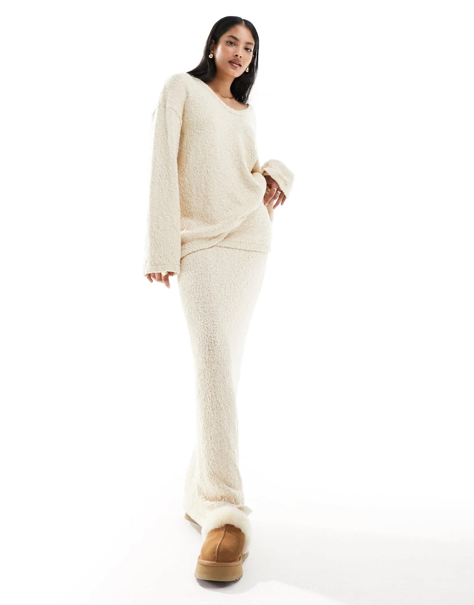 4th & Reckless boucle knit foldover waist column maxi skirt co - ord in cream - ASOS Sample Sale