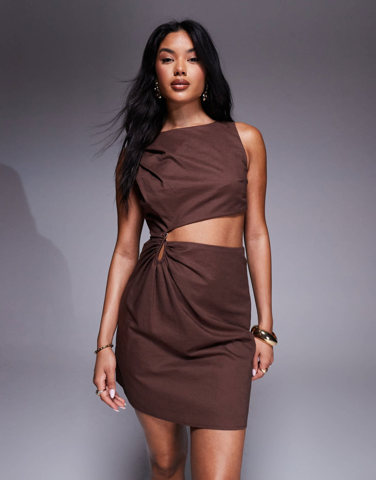 4th & Reckless contains linen cut out metal hardware mini dress in chocolate - ASOS Sample Sale