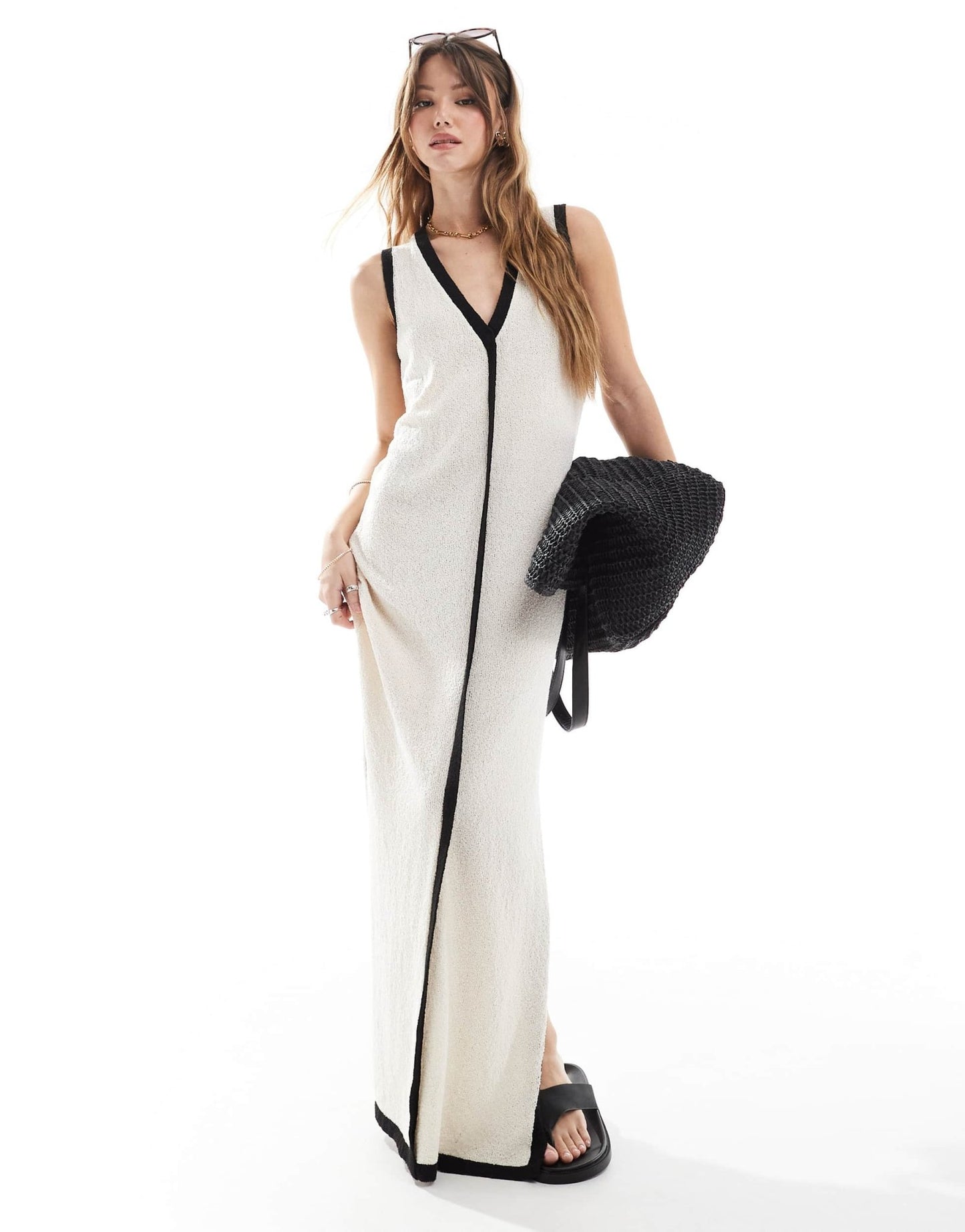 4th & Reckless contrast trim sleeveless v neck knitted beach maxi dress in ecru - ASOS Sample Sale