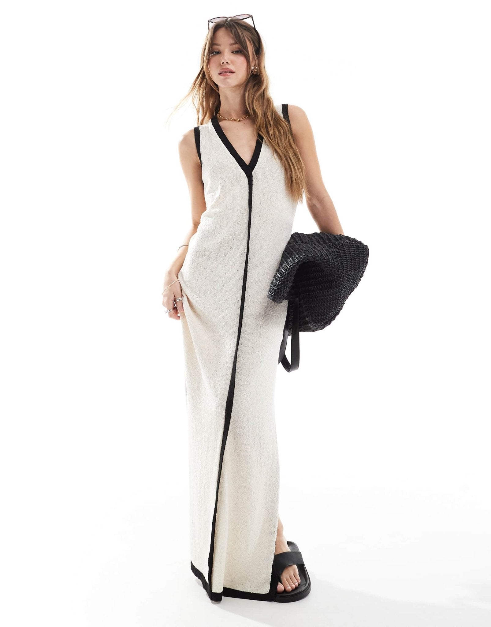 4th & Reckless contrast trim sleeveless v neck knitted beach maxi dress in ecru - ASOS Sample Sale
