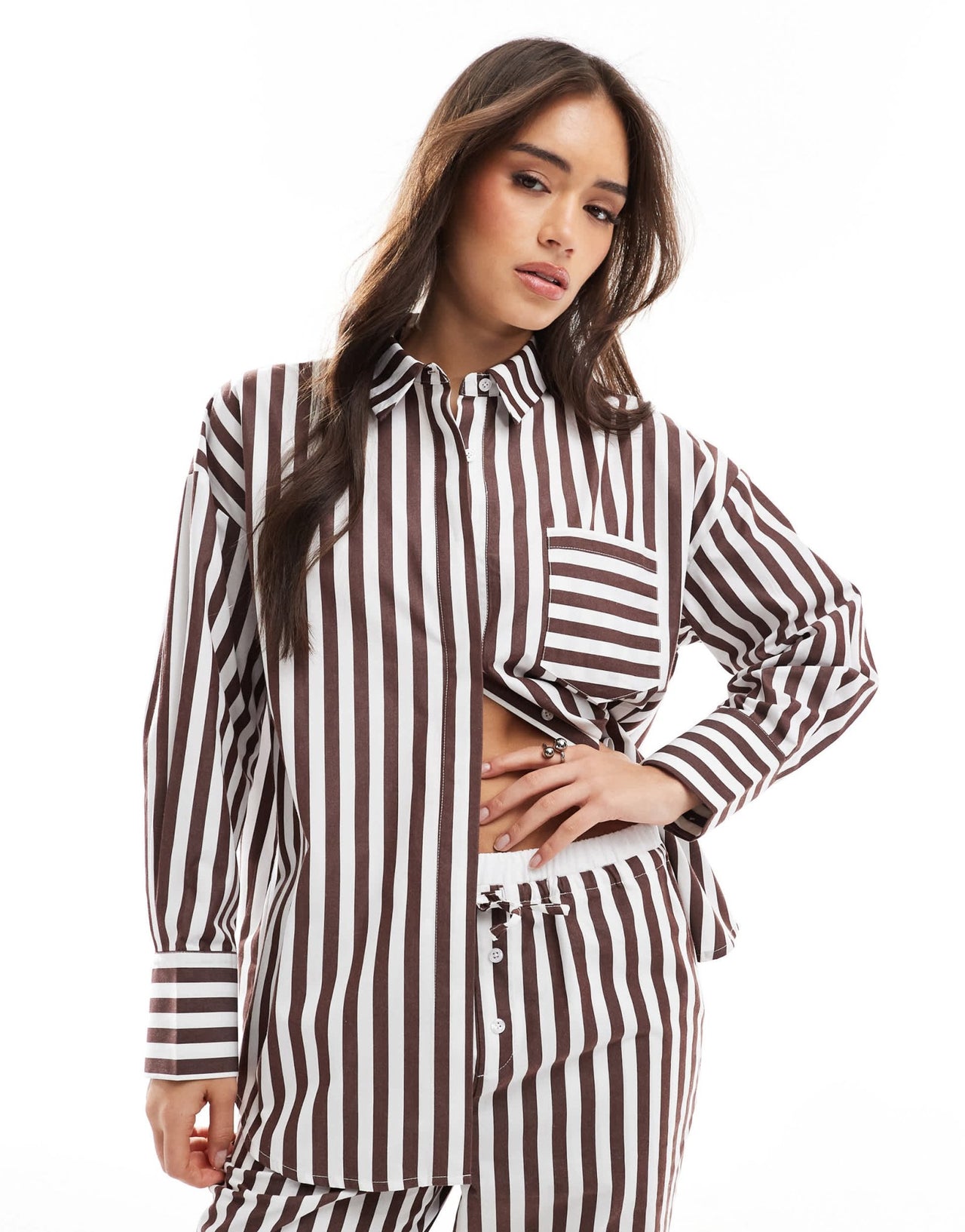 4th & Reckless cotton oversized pocket detail shirt co - ord in brown stripe - ASOS Sample Sale