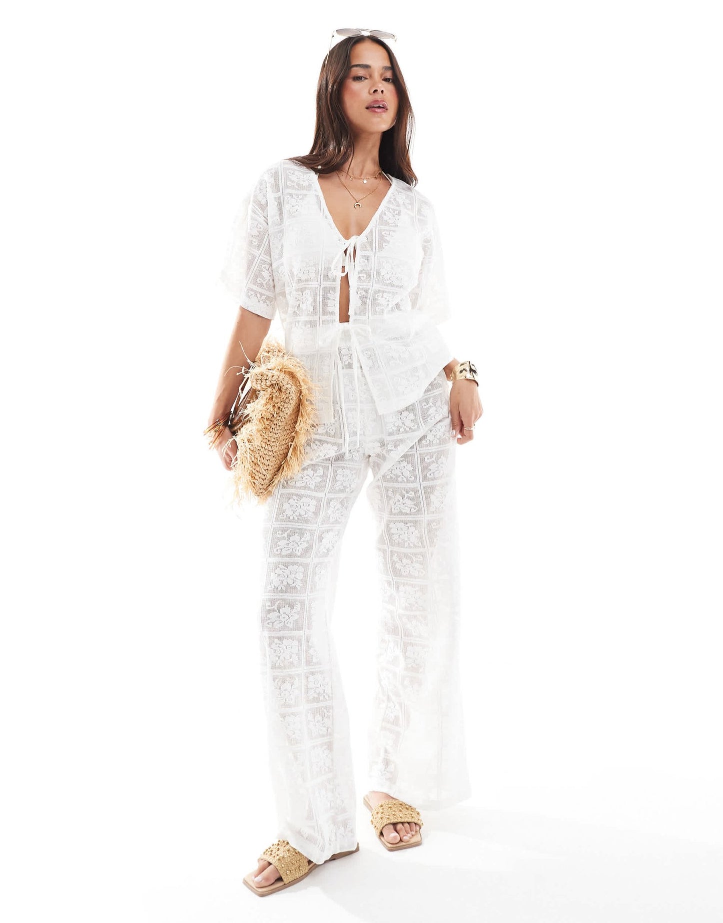 4th & Reckless crochet lace wide leg trouser co - ord in white - ASOS Sample Sale