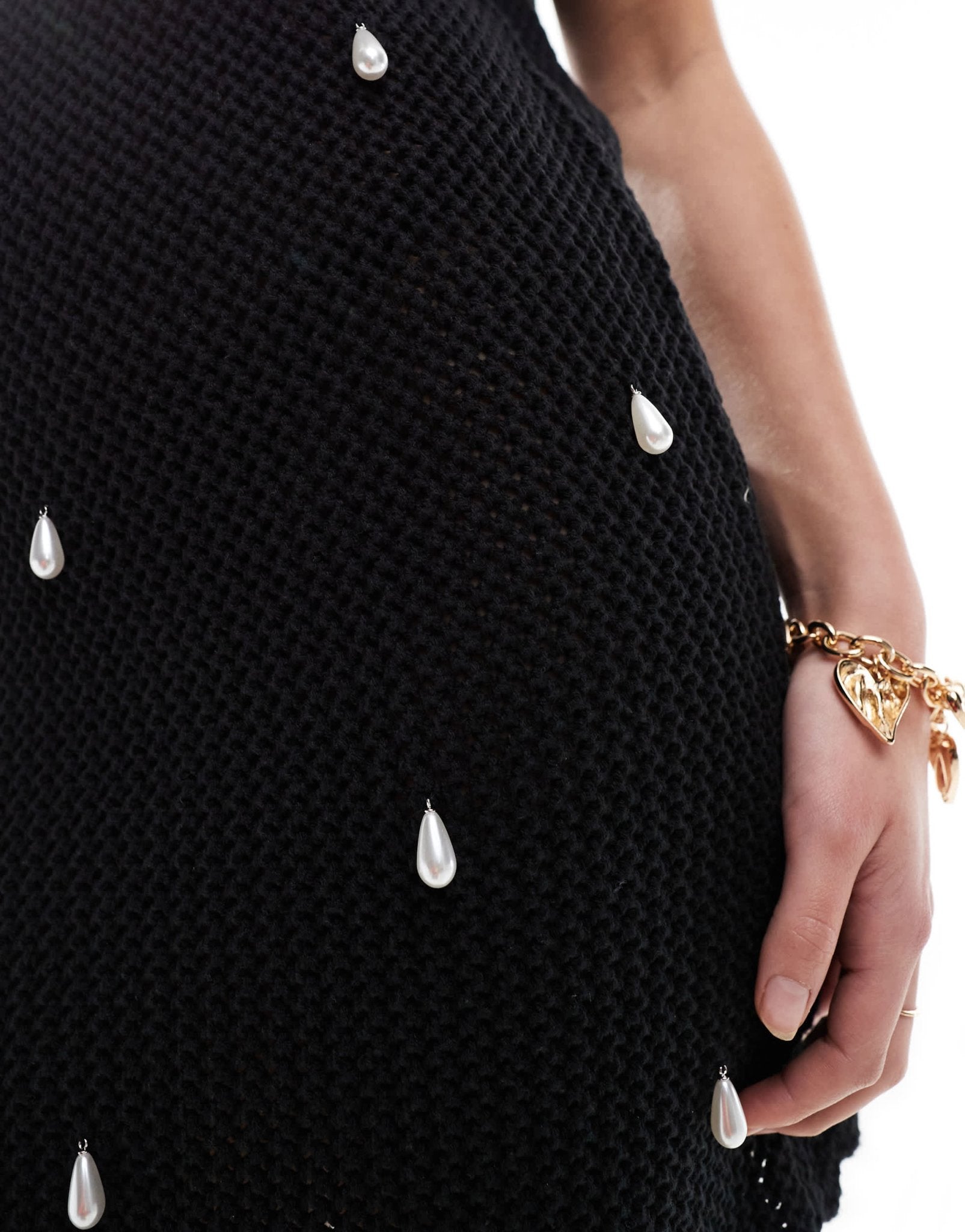 4th & Reckless crochet pearl embellished scallop trim mini beach dress in black - ASOS Sample Sale