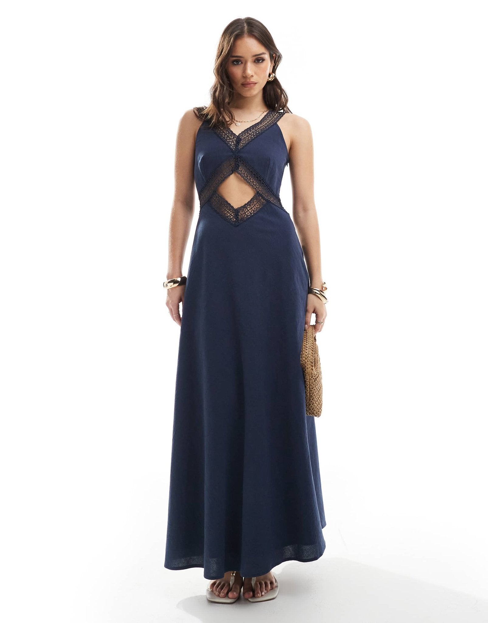 4th & Reckless crochet trim front cut out v neck maxi dress in navy - ASOS Sample Sale